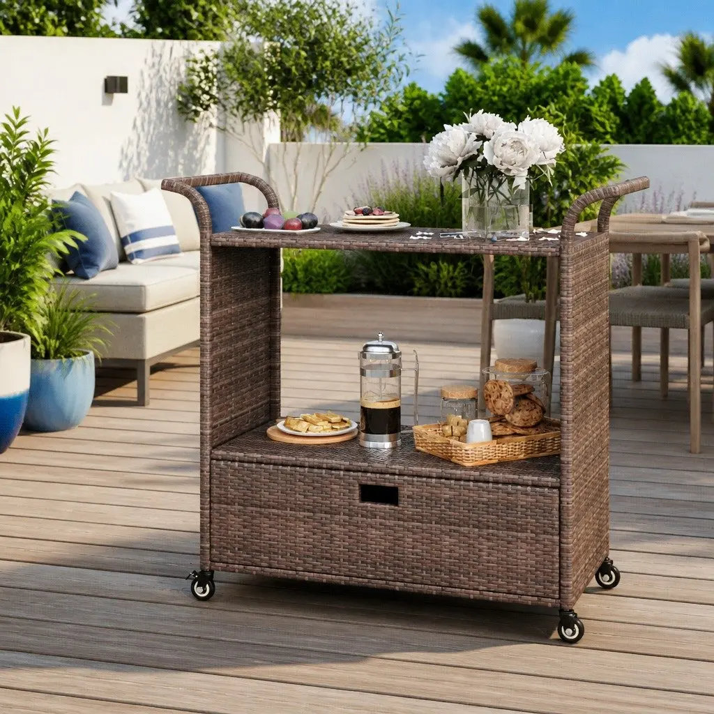 Rolling Bar Trolley with Drawer Brown Poly Rattan Kitchen Dining Cart 100x45x97cm