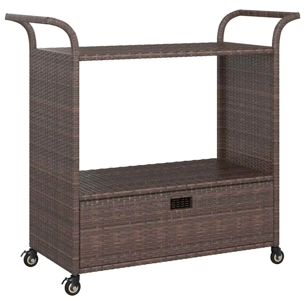 Rolling Bar Trolley with Drawer Brown Poly Rattan Kitchen Dining Cart 100x45x97cm