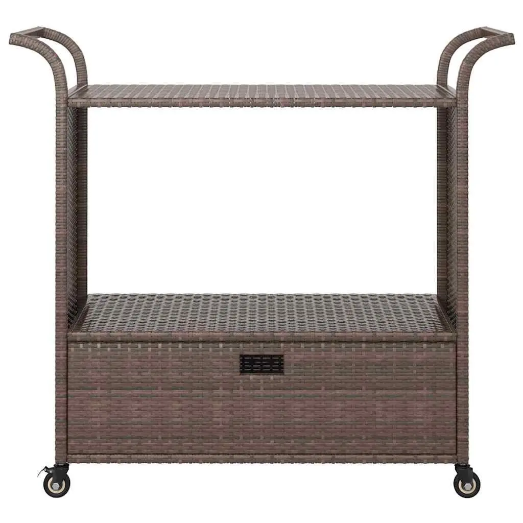 Rolling Bar Trolley with Drawer Brown Poly Rattan Kitchen Dining Cart 100x45x97cm