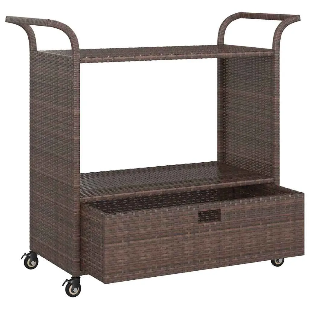 Rolling Bar Trolley with Drawer Brown Poly Rattan Kitchen Dining Cart 100x45x97cm