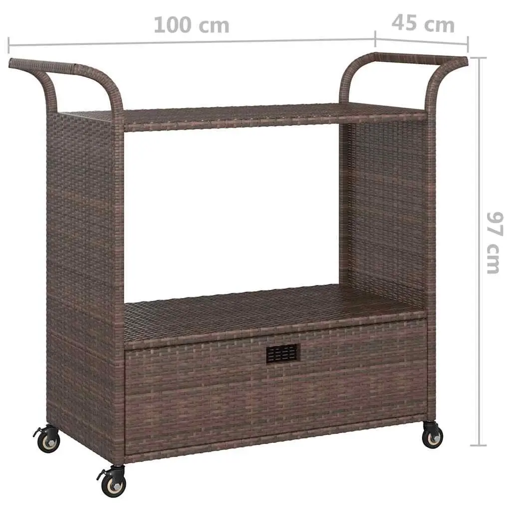 Rolling Bar Trolley with Drawer Brown Poly Rattan Kitchen Dining Cart 100x45x97cm