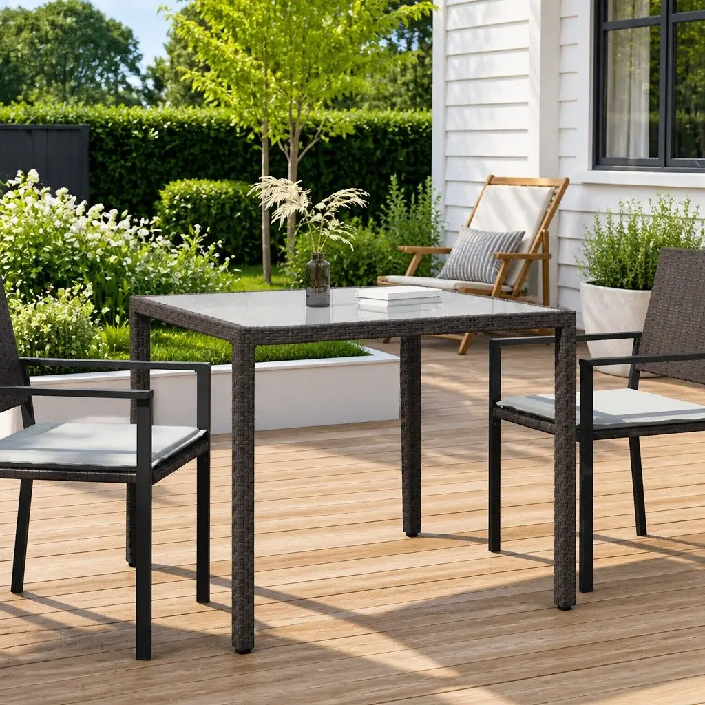 Garden Table Brown Poly Rattan 90x90x75cm Tempered Glass Top Outdoor Patio