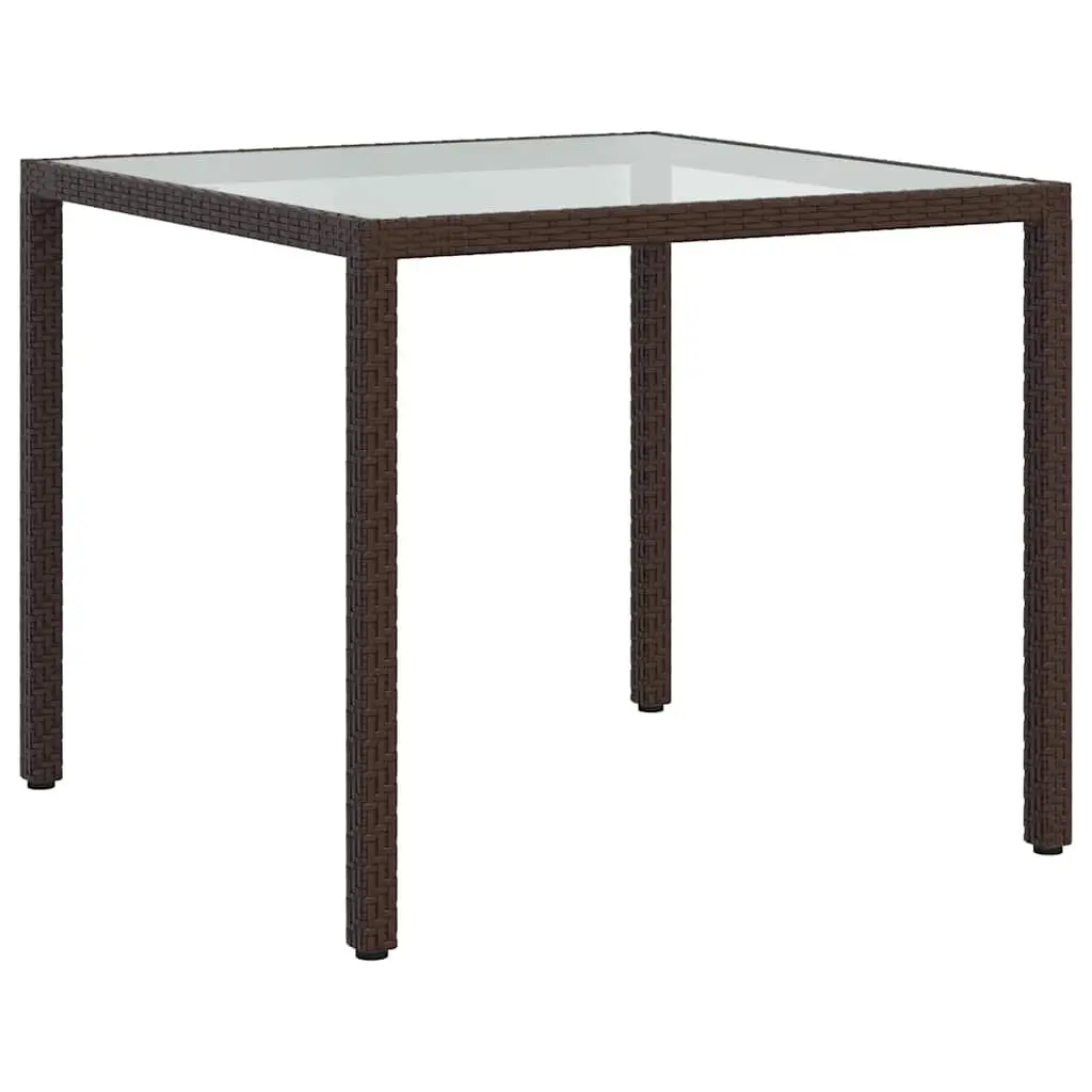 Garden Table Brown Poly Rattan 90x90x75cm Tempered Glass Top Outdoor Patio