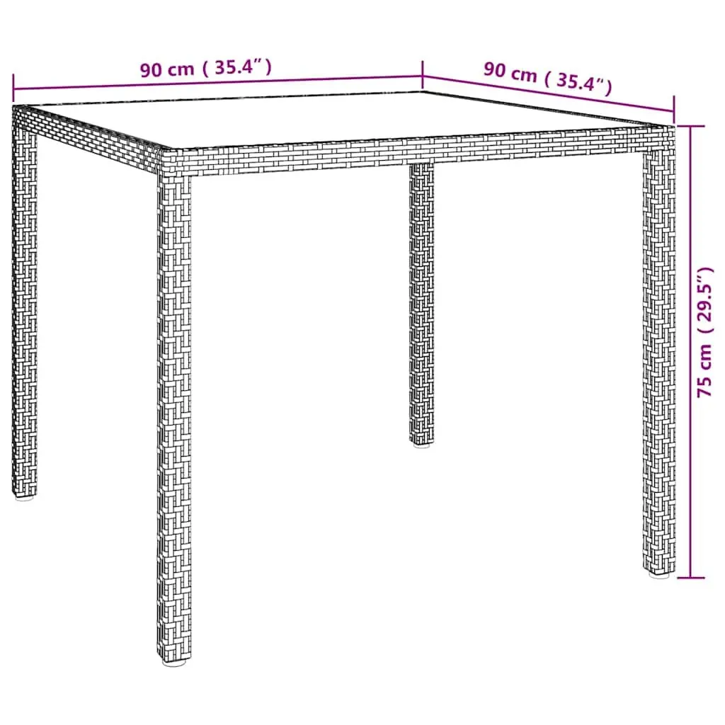Garden Table Brown Poly Rattan 90x90x75cm Tempered Glass Top Outdoor Patio