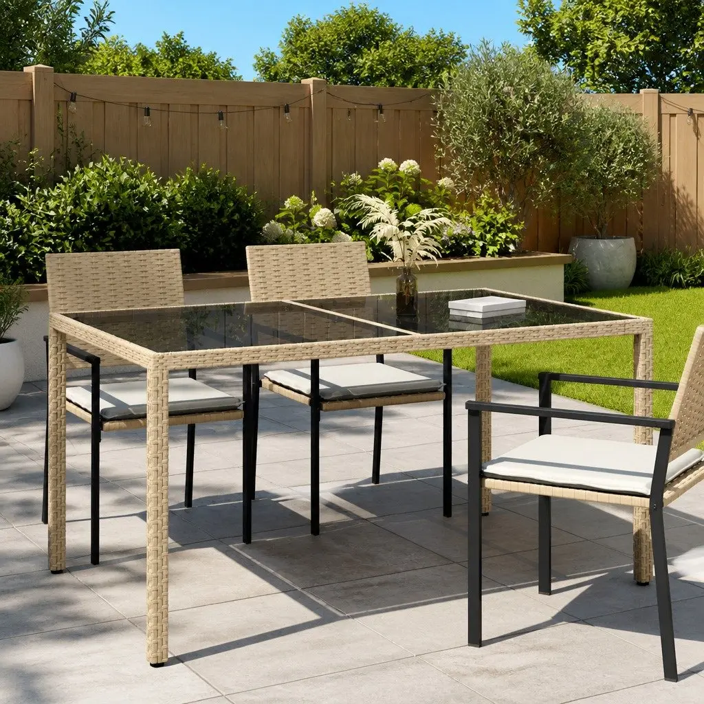 Garden Table Poly Rattan 150x90x75cm Outdoor Patio Furniture Tempered Glass