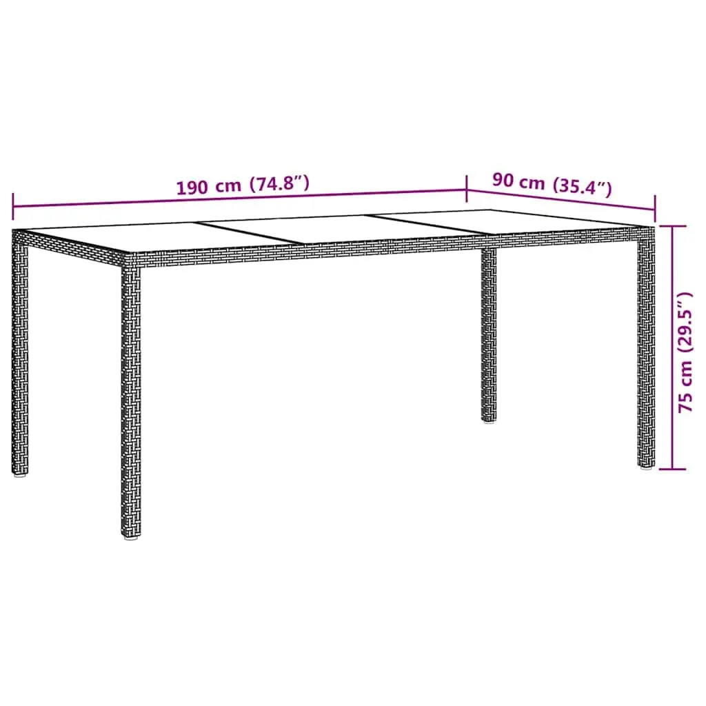 Outdoor Patio Garden Table Grey 190x90x75cm Lightweight Poly Rattan Tempered Glass Top