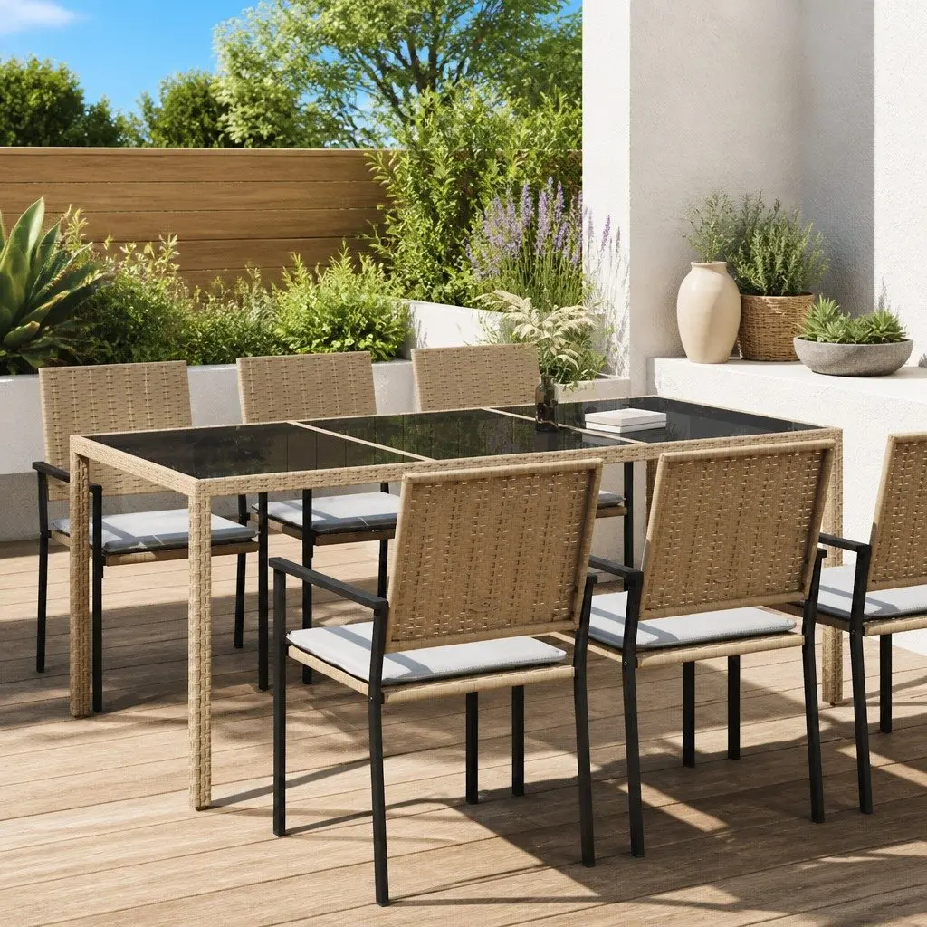 Garden Table Outdoor Patio Furniture Tempered Glass Poly Rattan Beige 190L x 90W x 75H cm