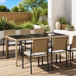 Garden Table Outdoor Patio Furniture Tempered Glass Poly Rattan Beige