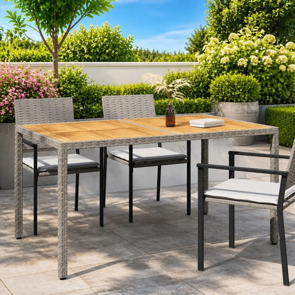 Garden Table Outdoor Patio Dining Poly Rattan Acacia Wood Grey 150x90x75cm
