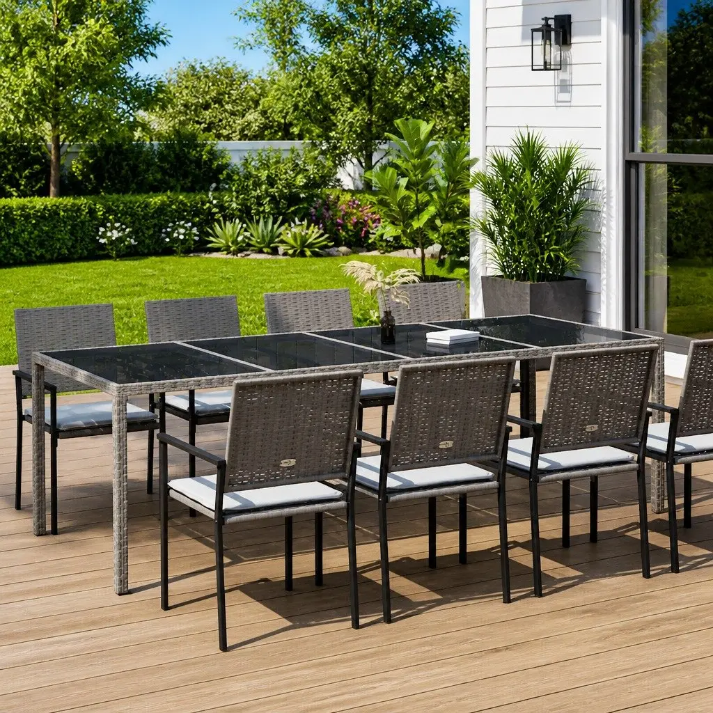 Garden Table Grey Tempered Glass Poly Rattan Frame 250 x 100 x 75 cm