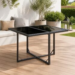 Outdoor Garden Dining Table Black Poly Rattan Glass Patio Furniture Modern