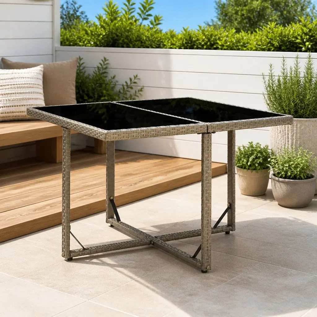 Garden Table Weather-resistant PE Rattan Tempered Glass 109x107x74cm Grey Outdoor Furniture