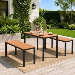 Garden Dining Set 3 Piece Outdoor Patio Table Bench Steel WPC Brown Black