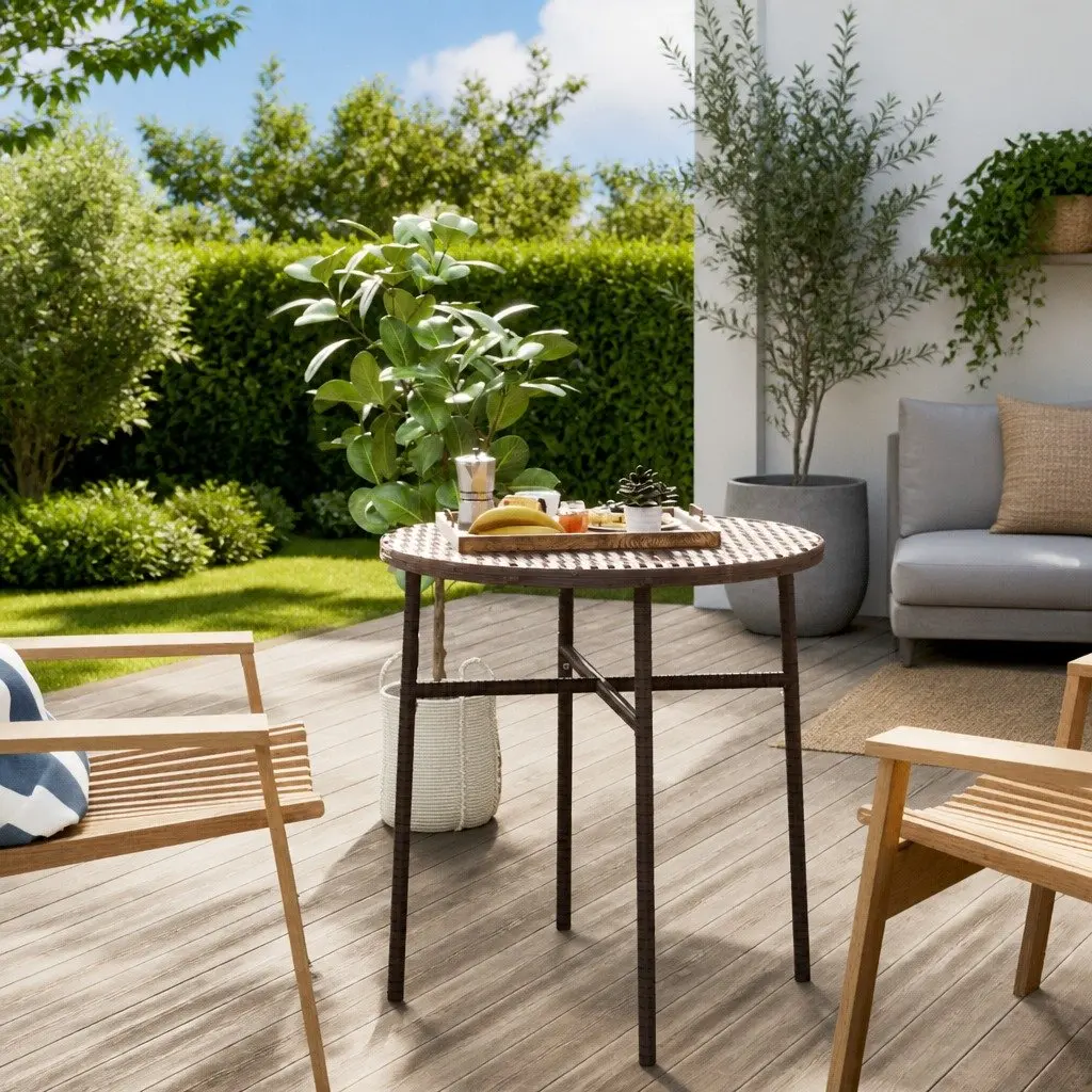 Outdoor Garden Patio Table Round 45cm Brown Weather Resistant Poly Rattan