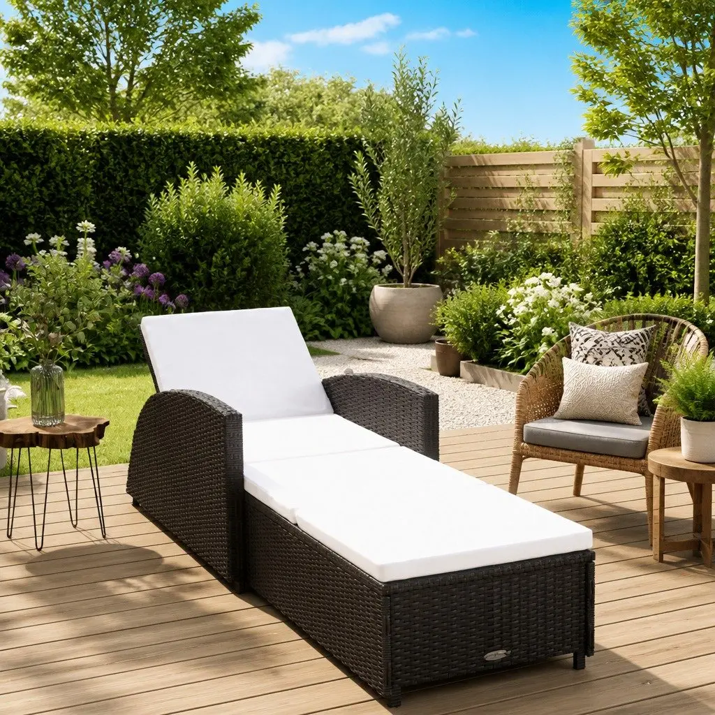 Adjustable Backrest Sun Lounger Black Rattan with Cream Cushion for Outdoor Patio