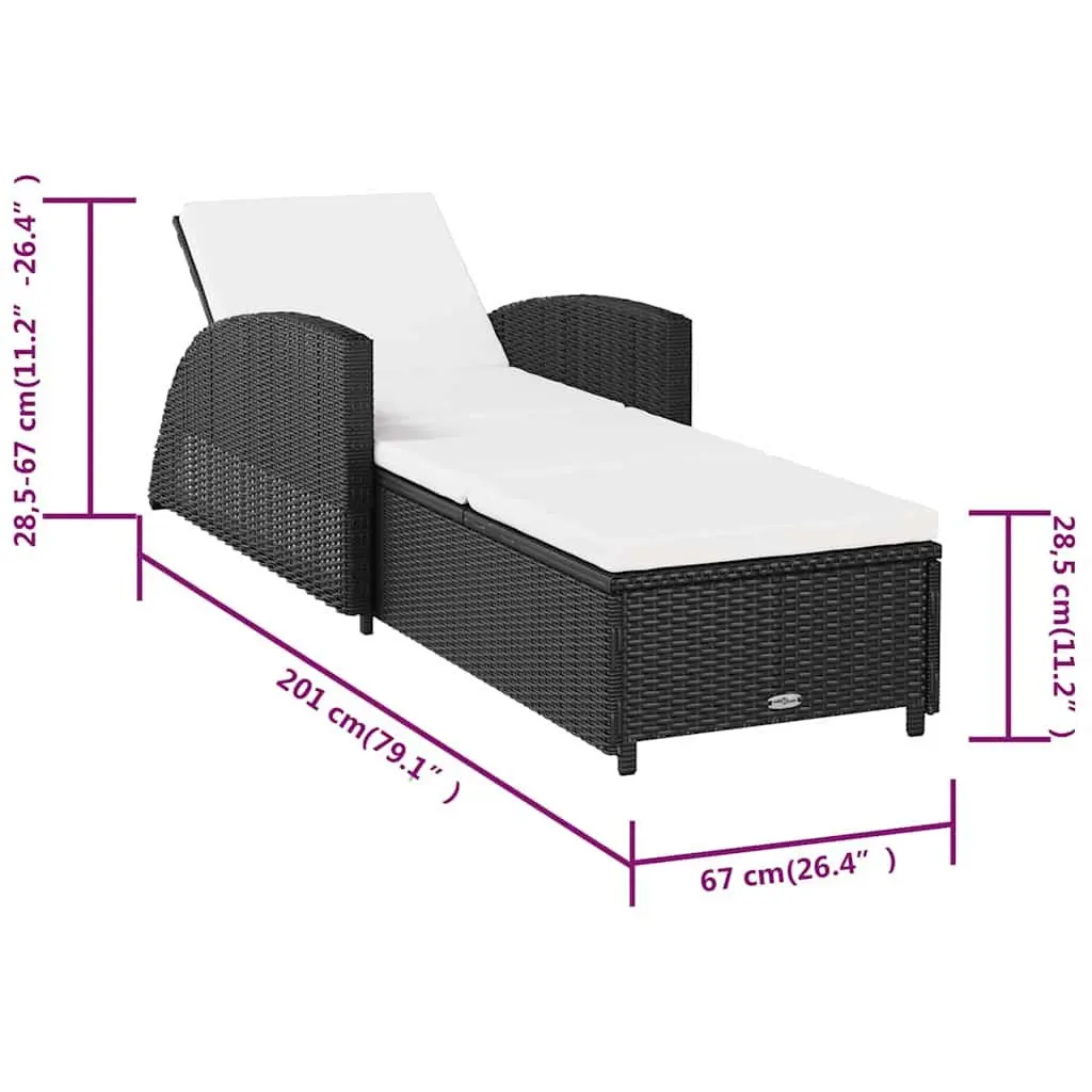 Adjustable Backrest Sun Lounger Black Rattan with Cream Cushion for Outdoor Patio