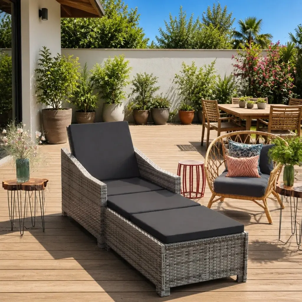 Adjustable Backrest Sun Lounger with Cushion Outdoor Patio Chair Grey Poly Rattan