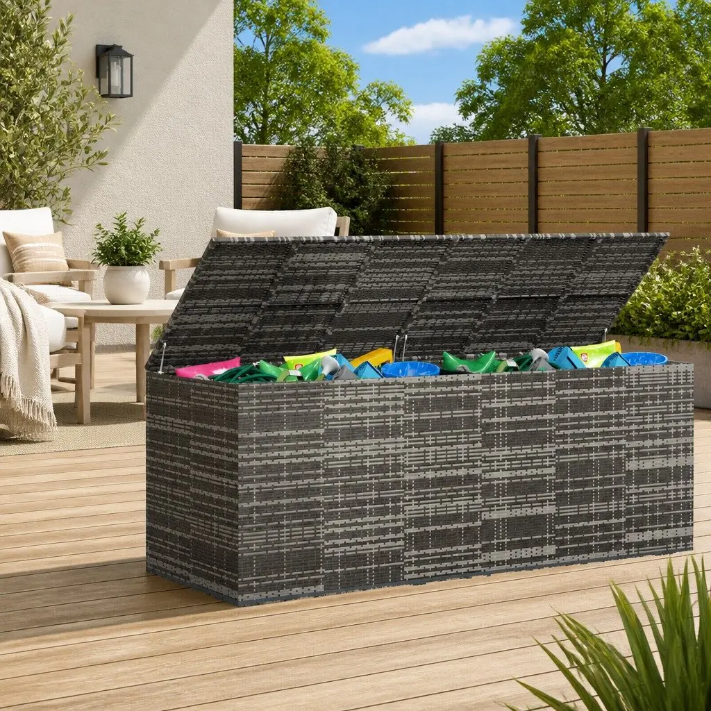 Garden Storage Box Weather-resistant PE Rattan Grey 291x100.5x104cm