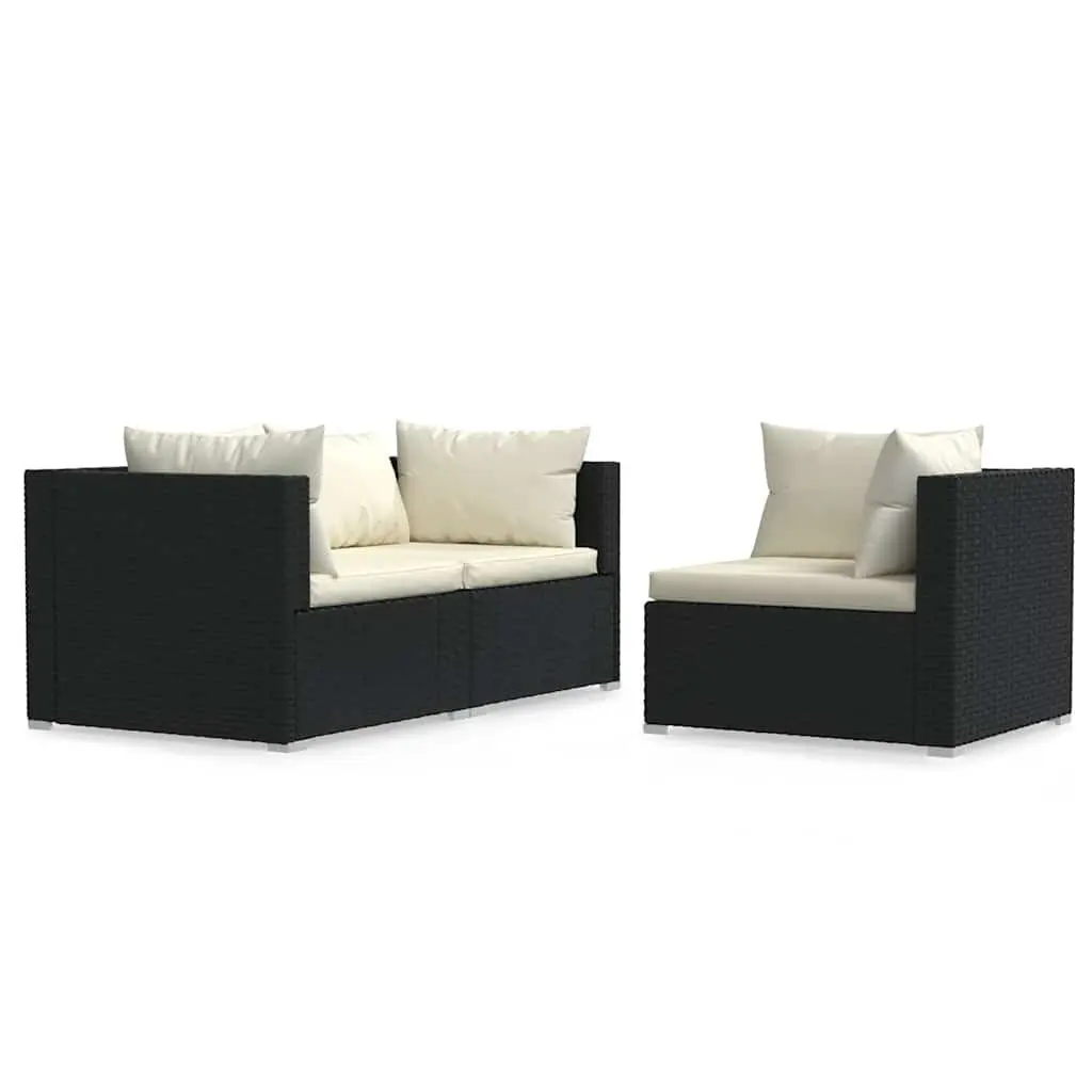 3 Piece Outdoor Lounge Set Black Poly Rattan Garden Sofa with Cushions