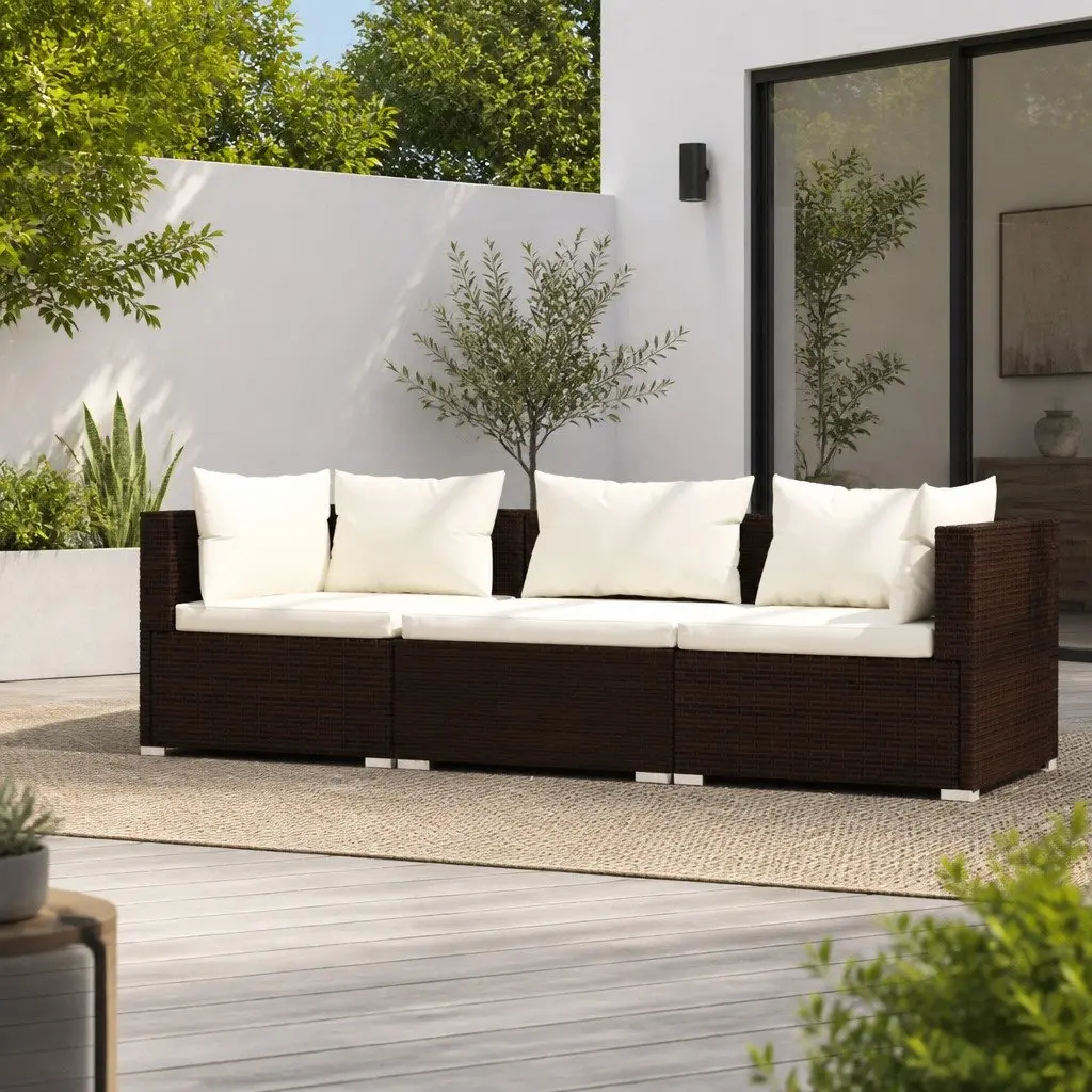 Garden Patio Furniture 3-Seater Sofa Waterproof PE Rattan with Removable Cushions Brown