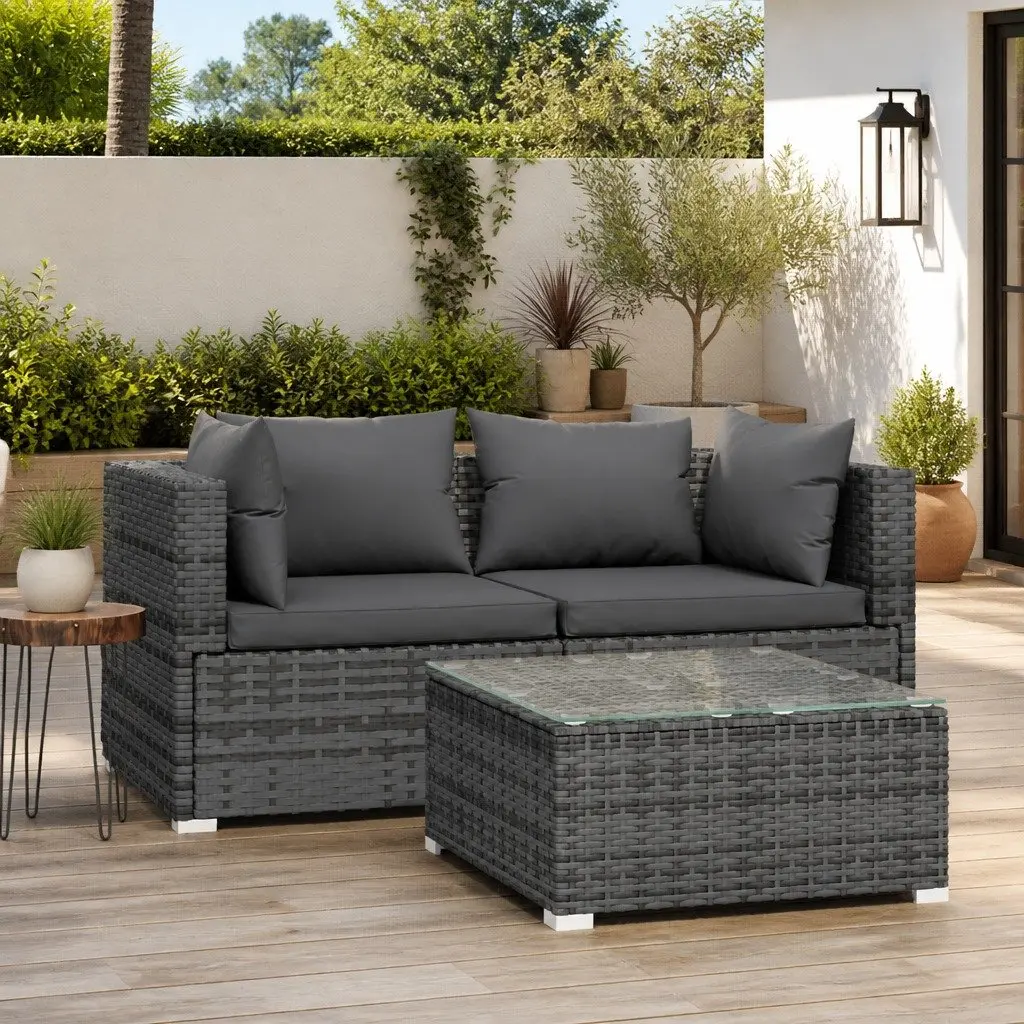 3 Piece Outdoor Lounge Set Grey PE Rattan Furniture with Cushions