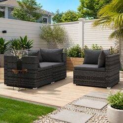 3 Piece Outdoor Garden Lounge Set Grey Poly Rattan Sectional Sofa with Cushions