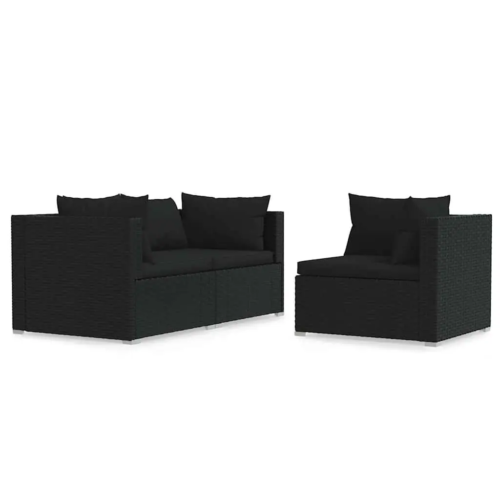 3 Piece Modular Lounge Set Waterproof PE Rattan Black Sectional Sofa with Cushions