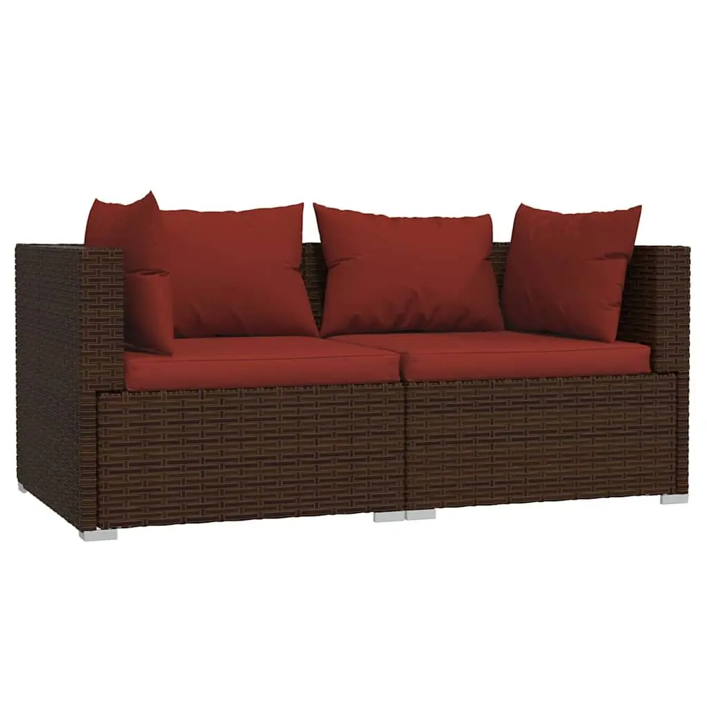 2-Seater Outdoor Sofa Brown Rattan with Cushions