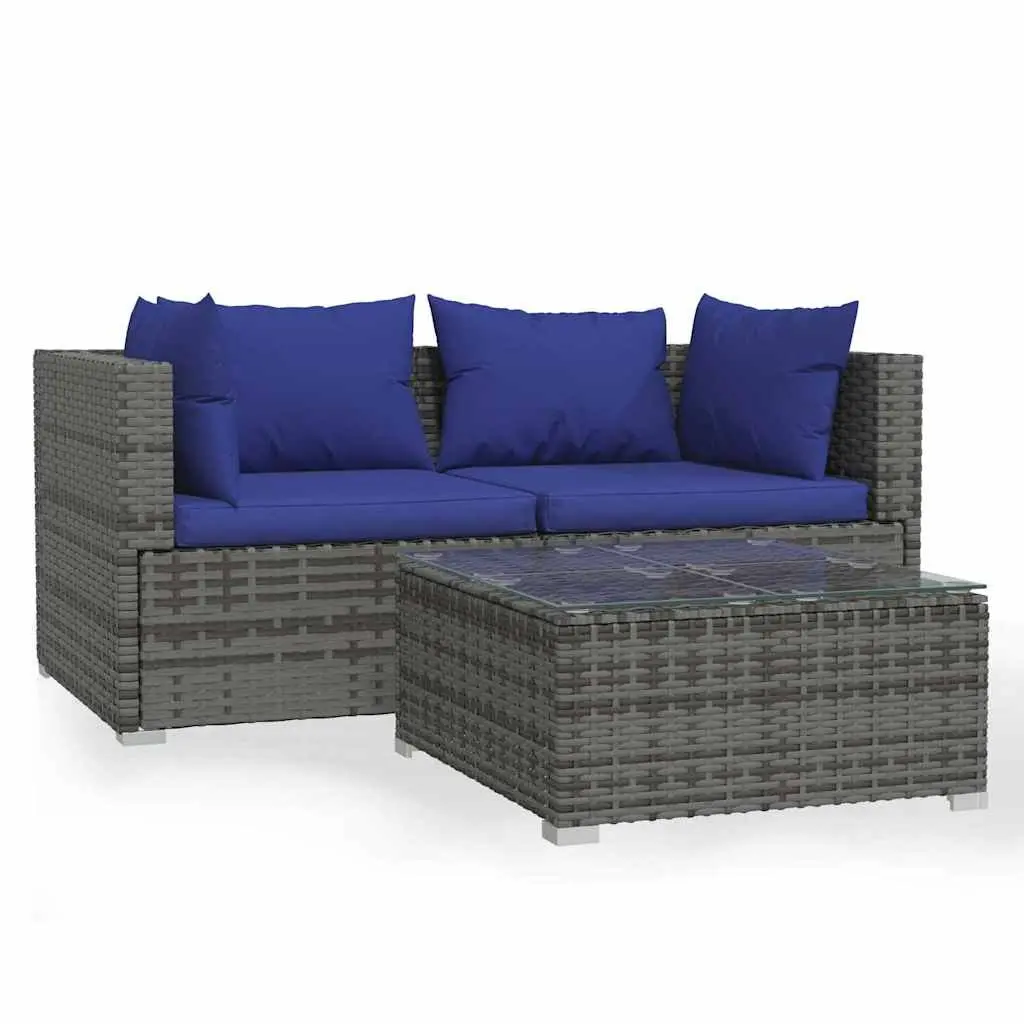 3PieceGardenLoungeSetModularDesignOutdoorFurnitureGreyWaterResistantPERattanWithRemovableCushions