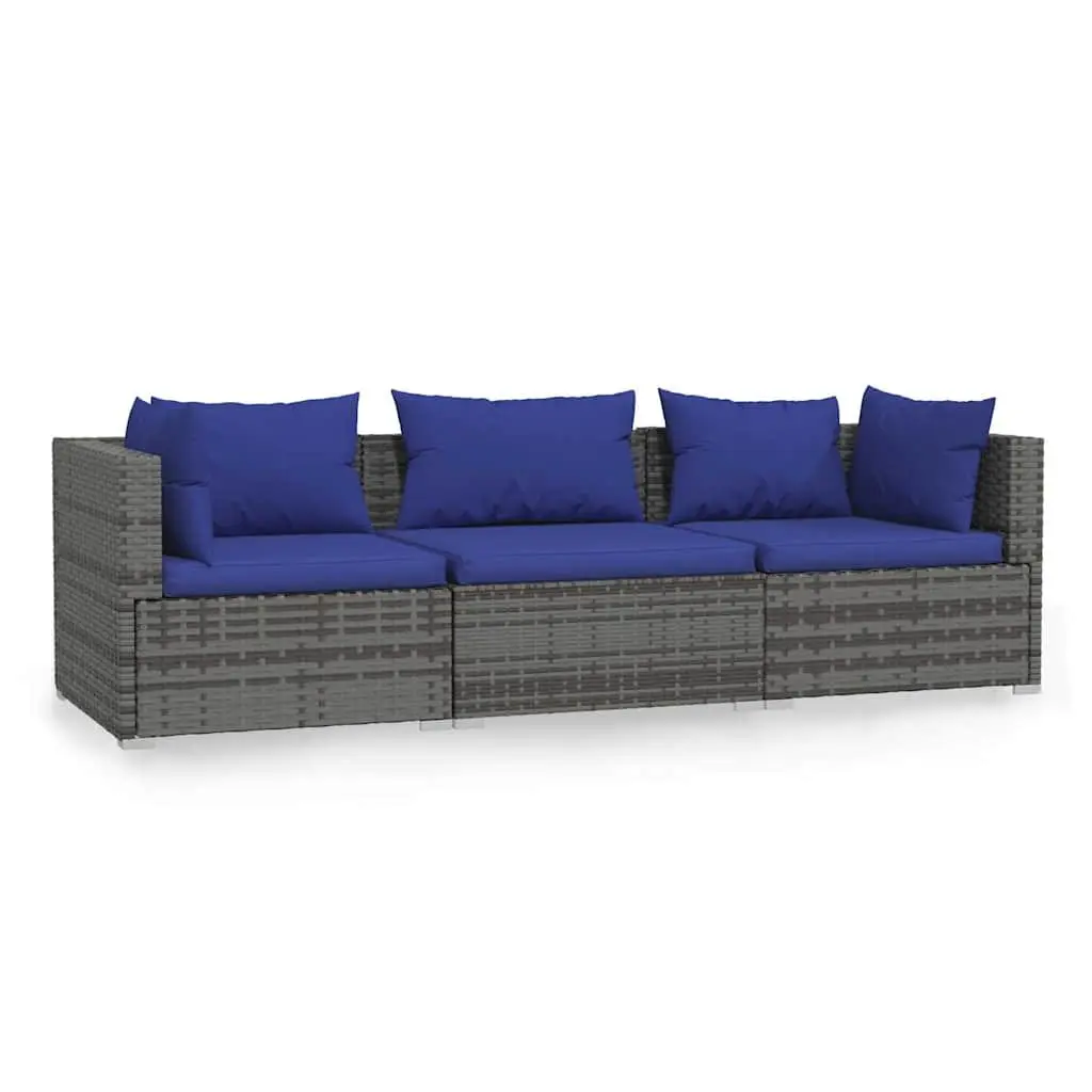 3-Seater Outdoor Sofa Grey Poly Rattan Garden Patio Furniture Set with Cushions
