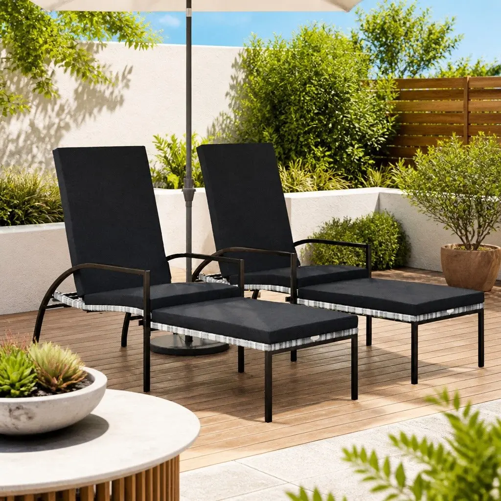 Sun Loungers 2pcs with Footrest Grey Outdoor Lounge Chairs Patio Garden Seating