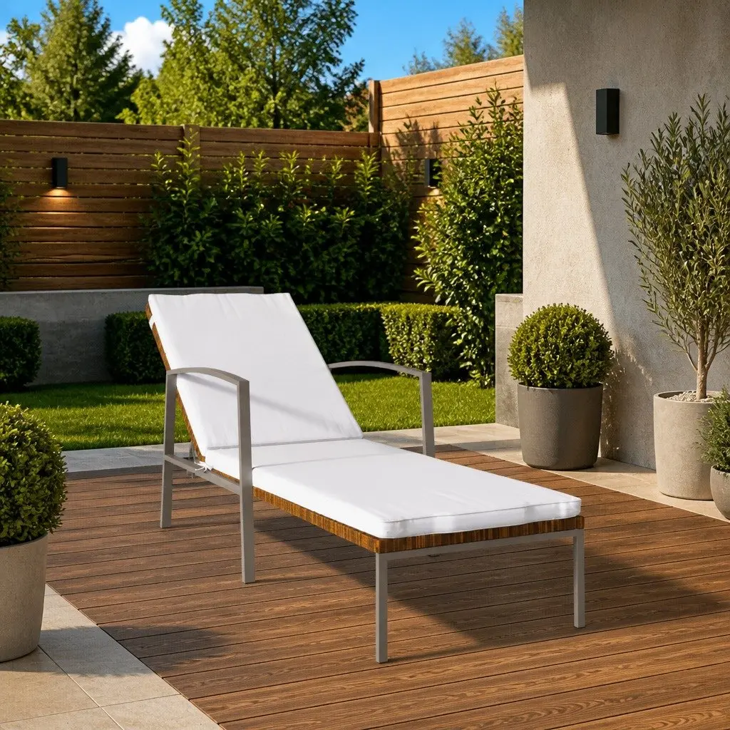 Sun Lounger Garden Outdoor Lounger Adjustable Backrest Patio Chair Brown