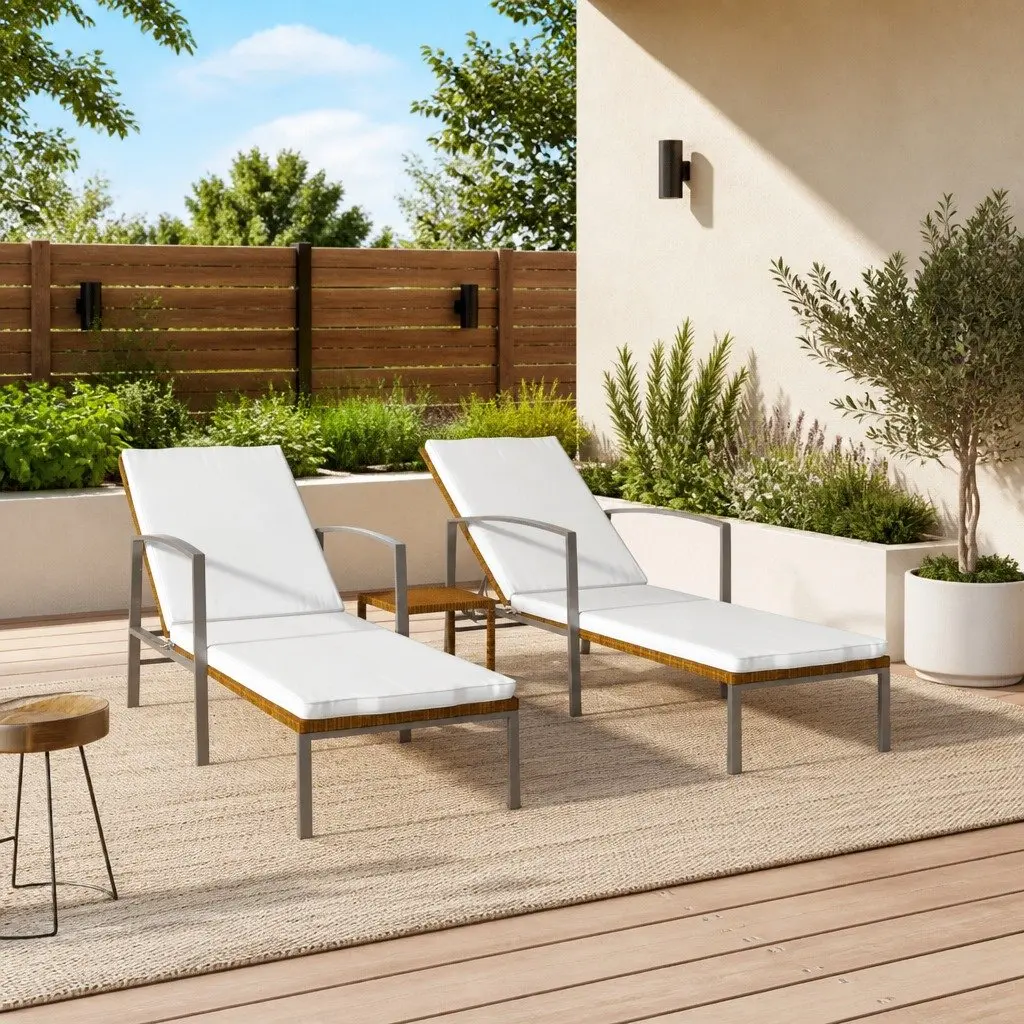 Sun Loungers 2 pcs with Table Poly Rattan Brown Outdoor Garden Patio Furniture