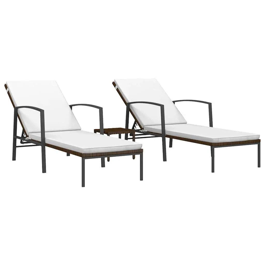 Sun Loungers 2 pcs with Table Poly Rattan Brown Outdoor Garden Patio Furniture