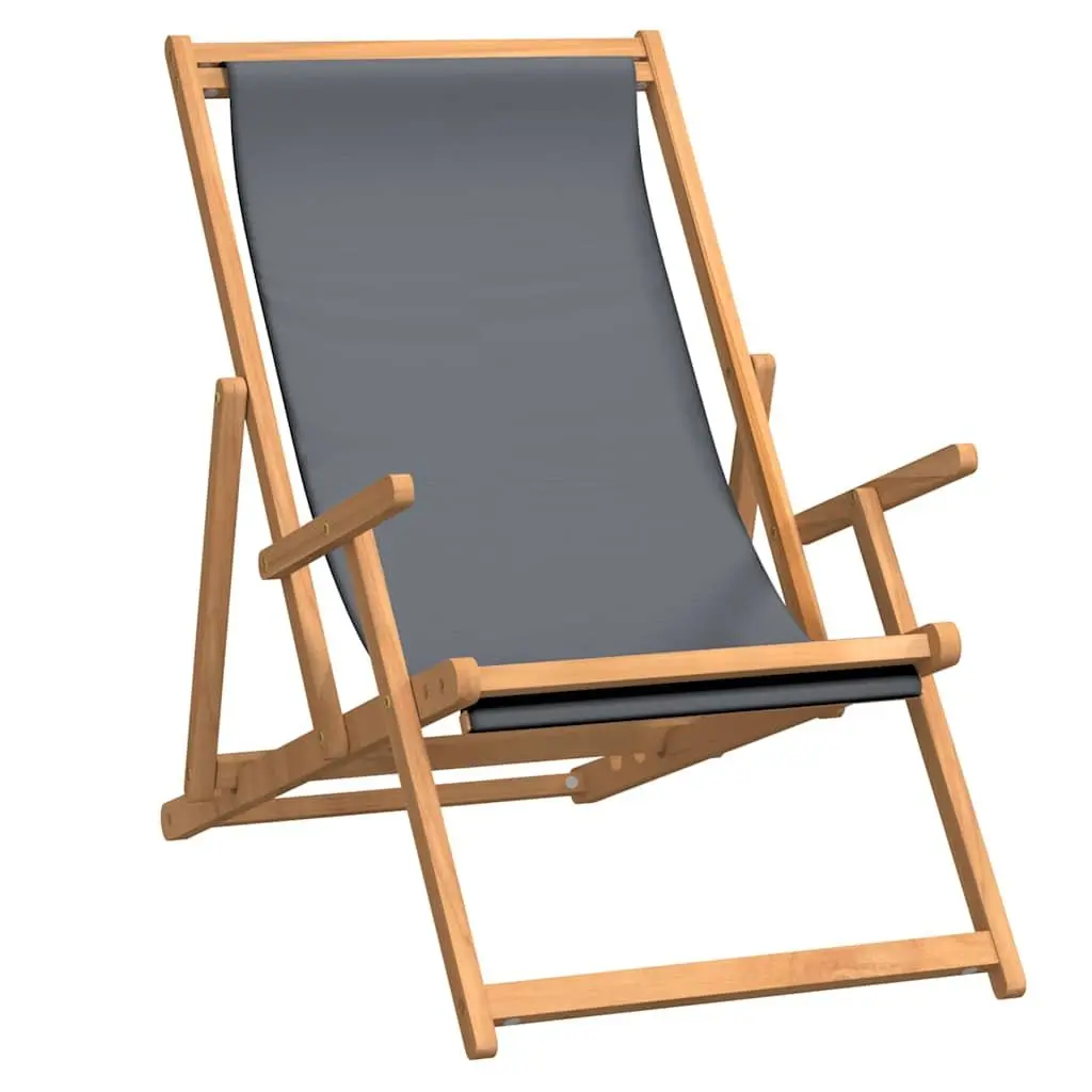 Adjustable Backrest Folding Beach Chair Teak Wood Grey Outdoor Relaxation