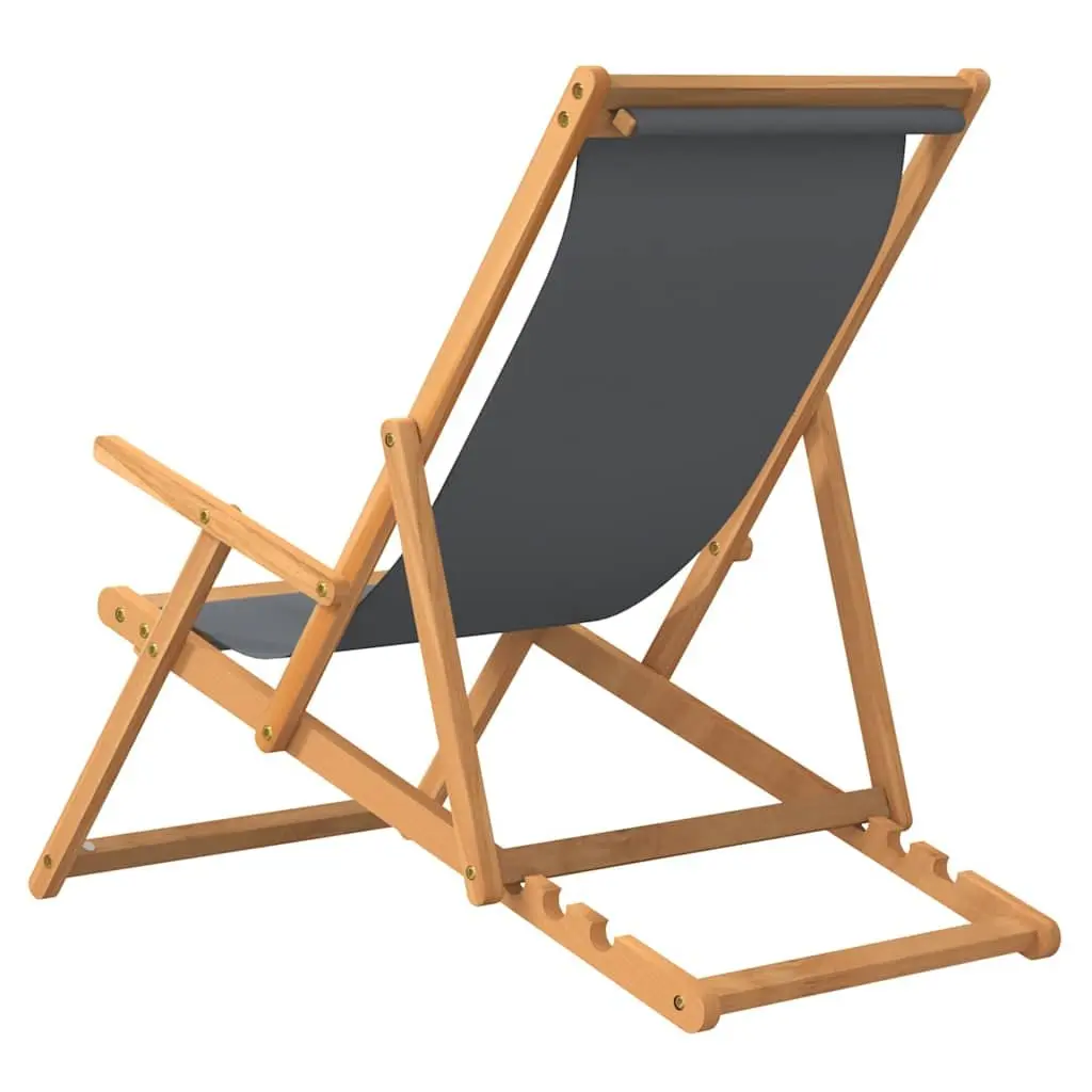 Adjustable Backrest Folding Beach Chair Teak Wood Grey Outdoor Relaxation