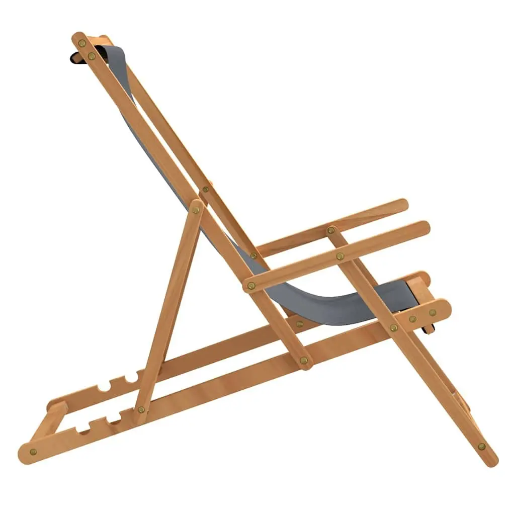 Adjustable Backrest Folding Beach Chair Teak Wood Grey Outdoor Relaxation