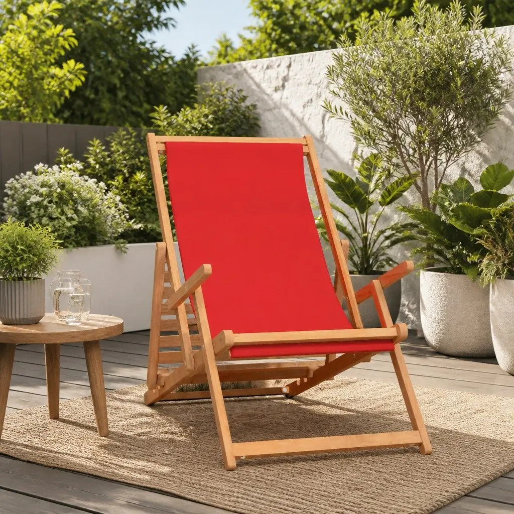 Folding Beach Chair Solid Teak Wood Adjustable Red