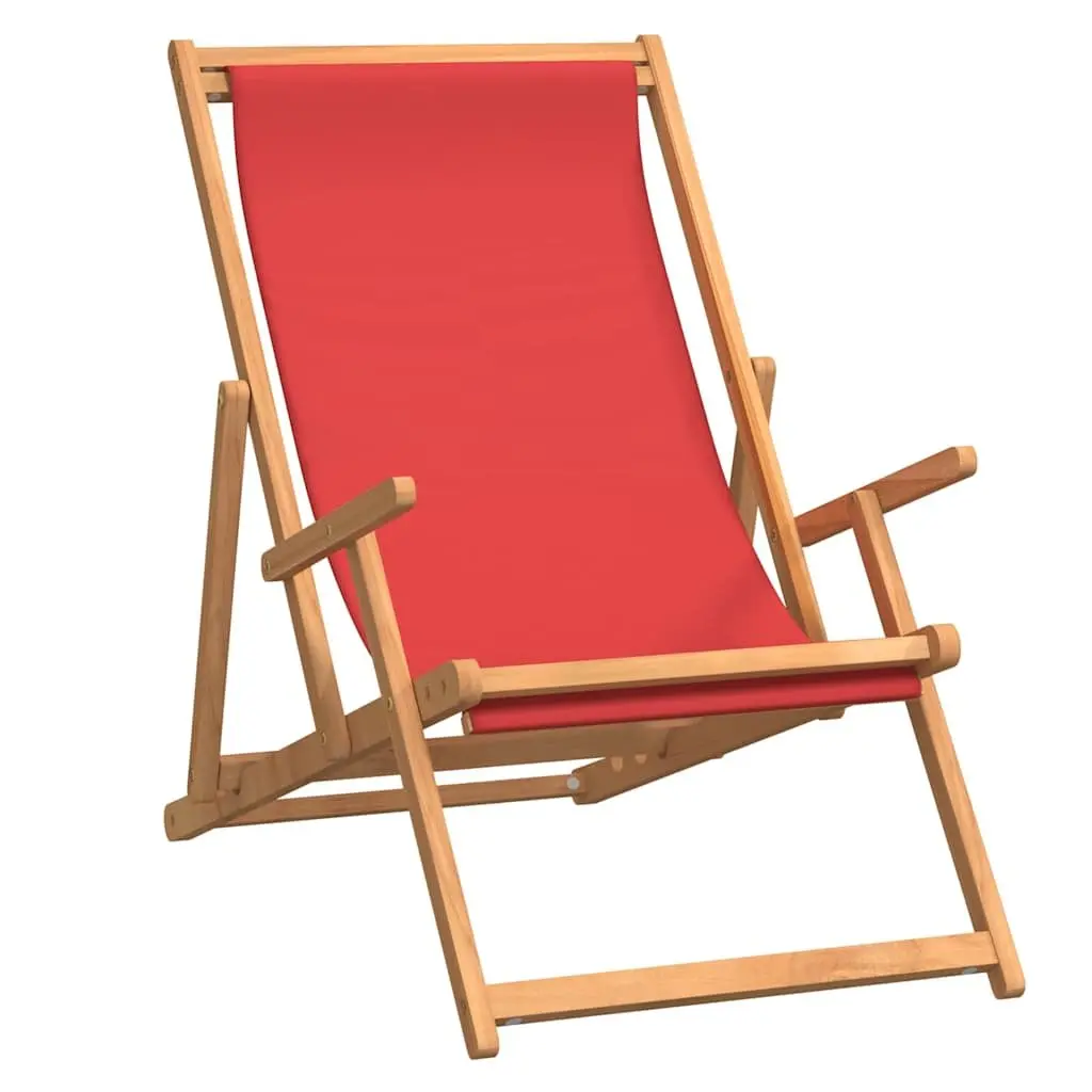 Folding Beach Chair Solid Teak Wood Adjustable Red