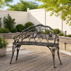 Outdoor Garden Bench 99cm Cast Aluminium Patio Seating Black Ornate Design