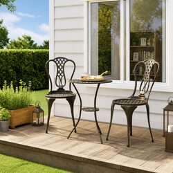 3 Piece Bistro Set Outdoor Garden Patio Furniture Cast Metal Brown Floral Design