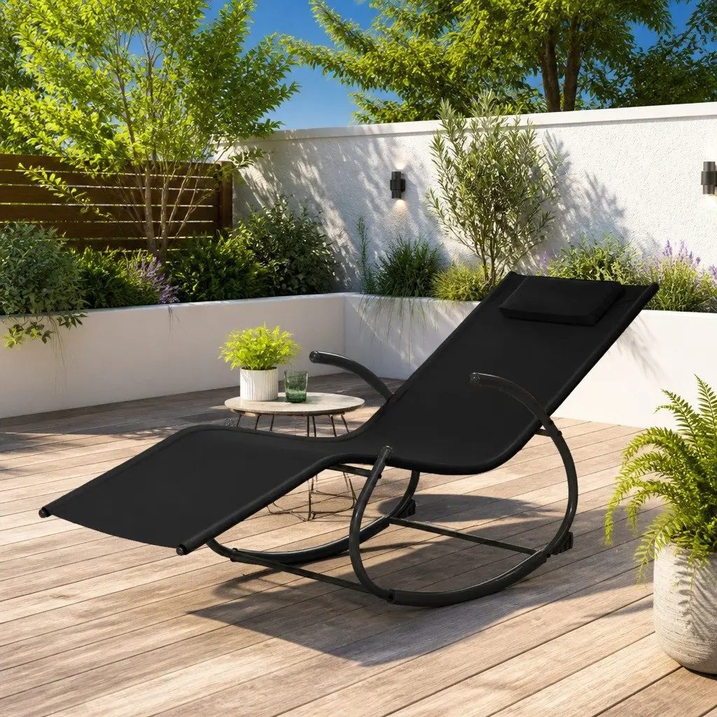 Rocking Sun Lounger Black Steel Frame Textilene Mesh Outdoor Garden