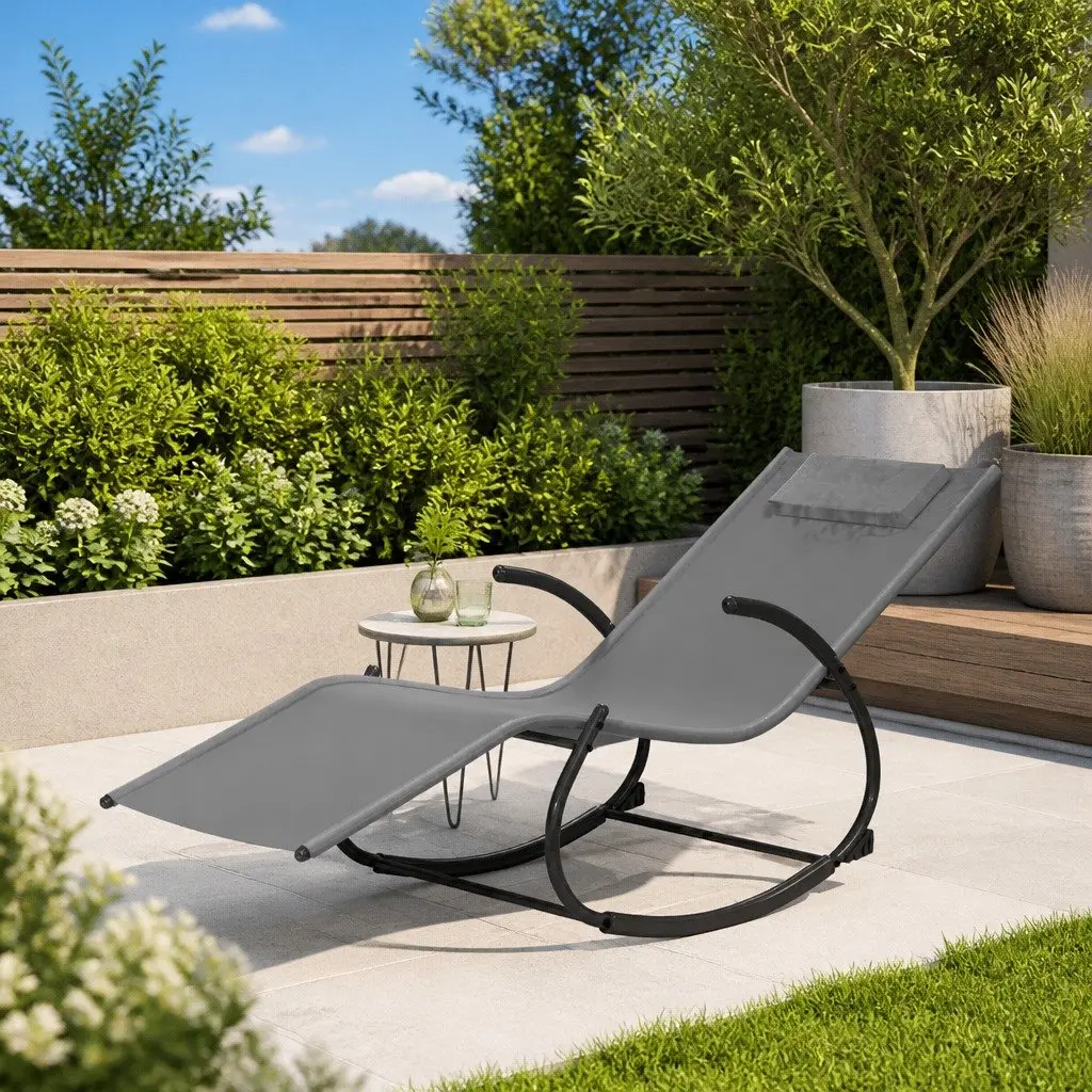Rocking Sun Lounger Grey Ergonomic Reclined Textilene Mesh Steel Frame Outdoor