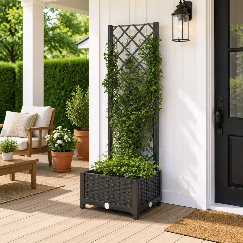 Garden Planter with Trellis Black Outdoor Planter Box 40 x 40 x 121.5 cm