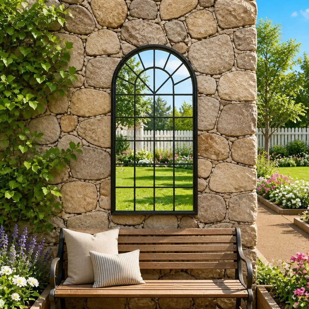 Garden Mirror Black Rust Effect Iron 90x45 cm Outdoor Wall Mounted Decorative