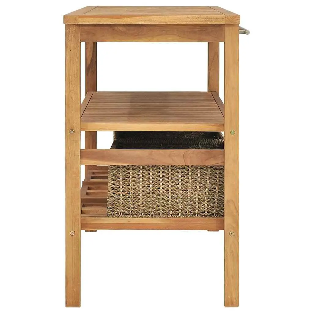 Bathroom Vanity Cabinet Solid Teak Wood with Seagrass Storage Baskets 132W x 45D x 75H cm Brown