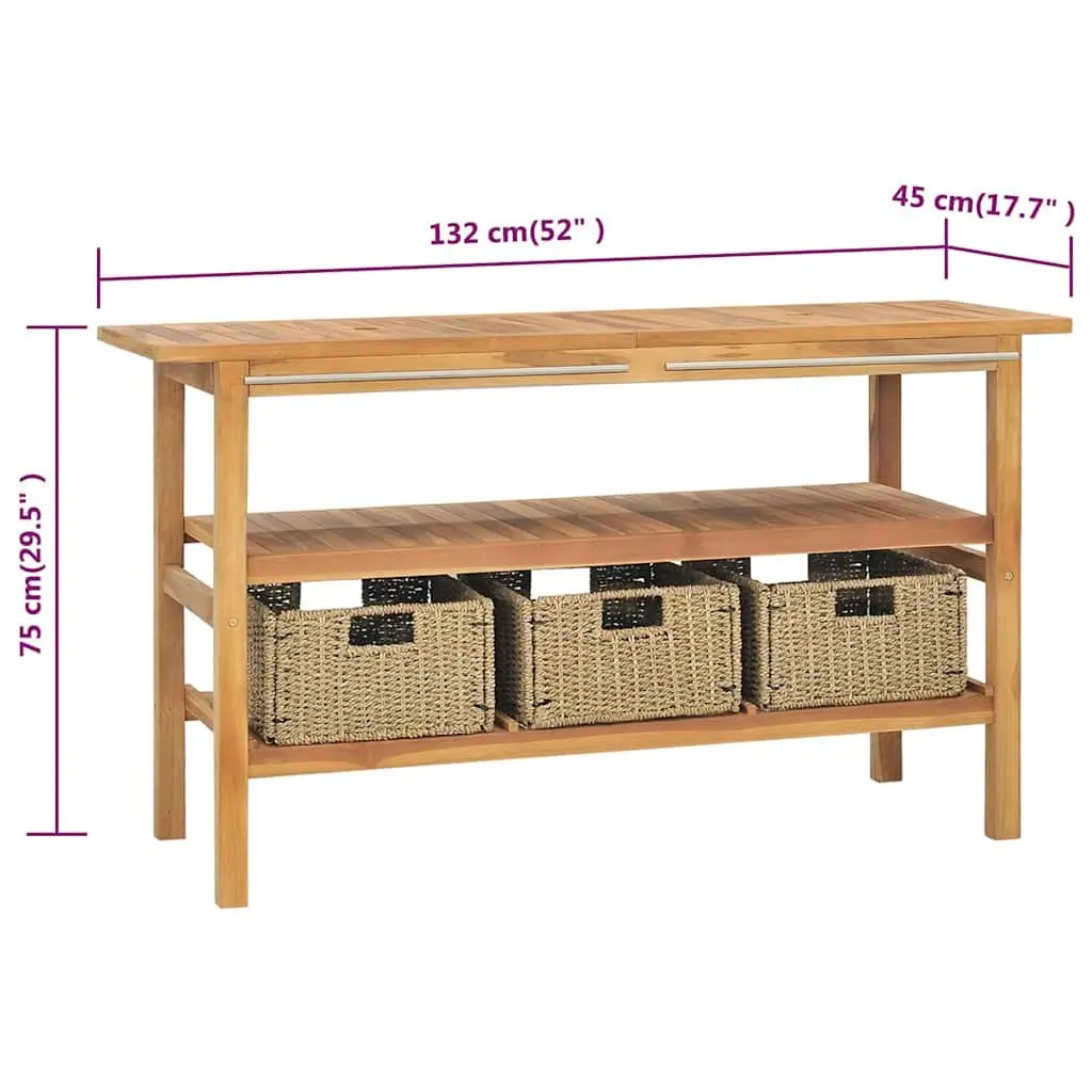 Bathroom Vanity Cabinet Solid Teak Wood with Seagrass Storage Baskets 132W x 45D x 75H cm Brown