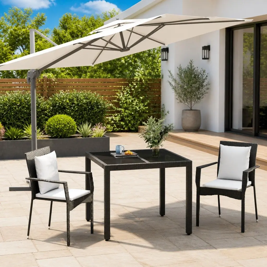 Garden Dining Set Black Poly Rattan 3 Piece Outdoor Patio Furniture