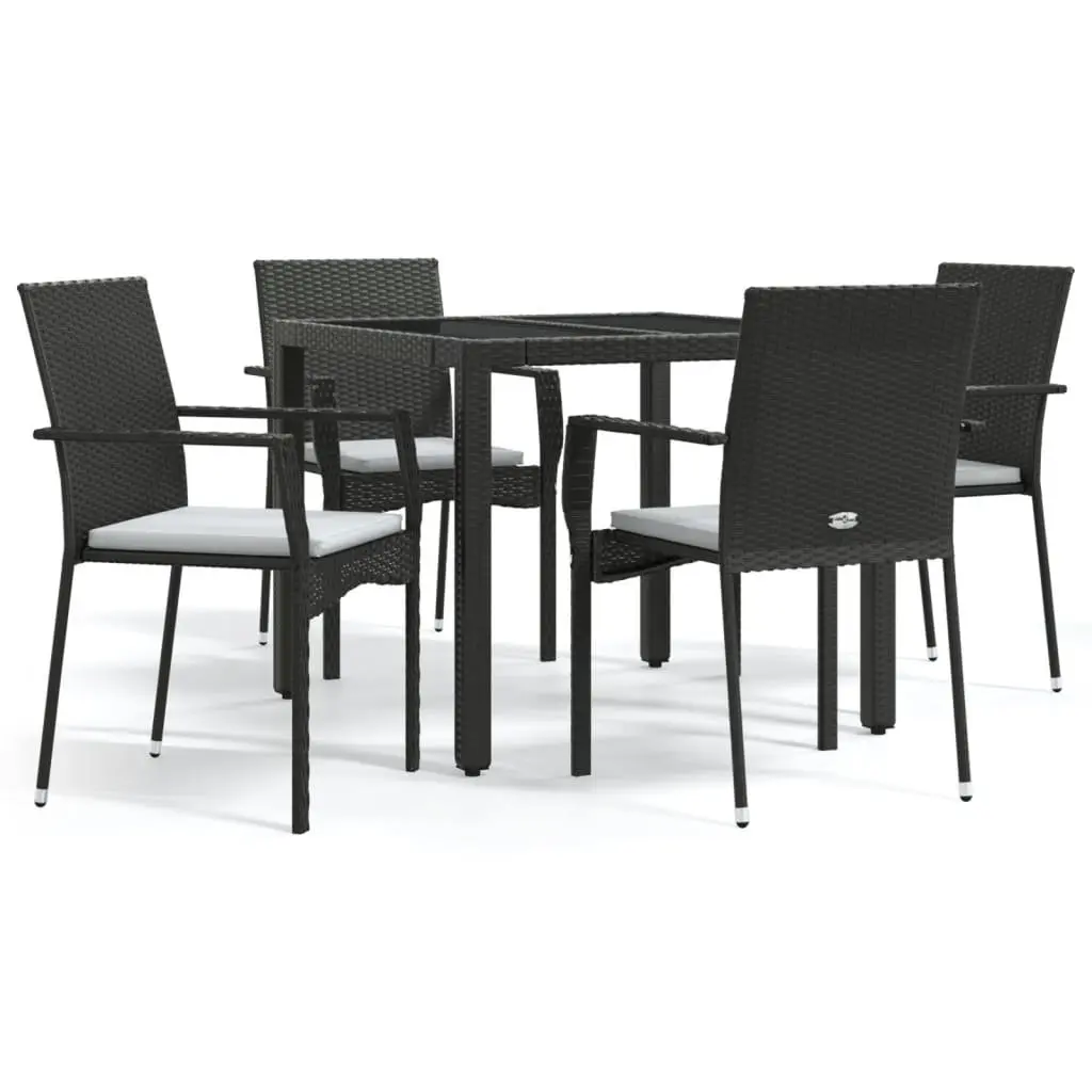 5 Piece Outdoor Garden Dining Set Black Poly Rattan Chairs Table Cushions
