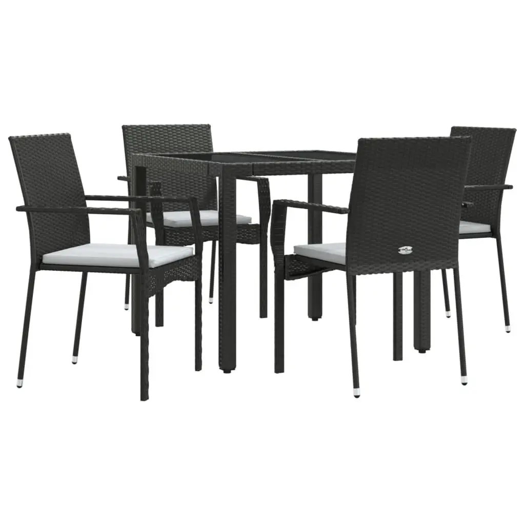 5 Piece Outdoor Garden Dining Set Black Poly Rattan Chairs Table Cushions